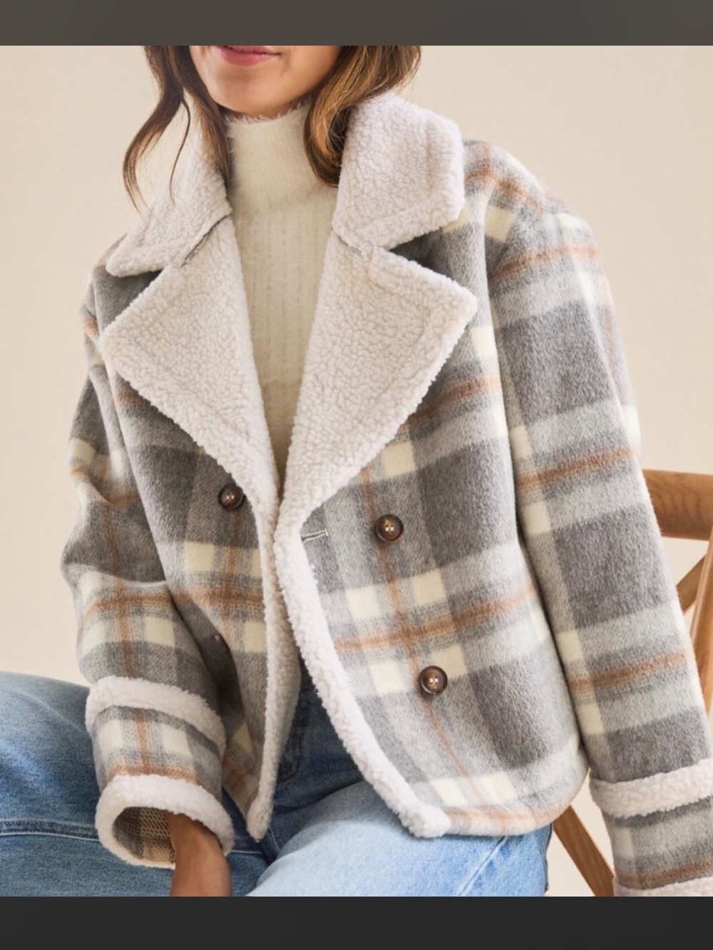 Altar'd State Cream, Gray & Tan Plaid Teddy Peacoat
